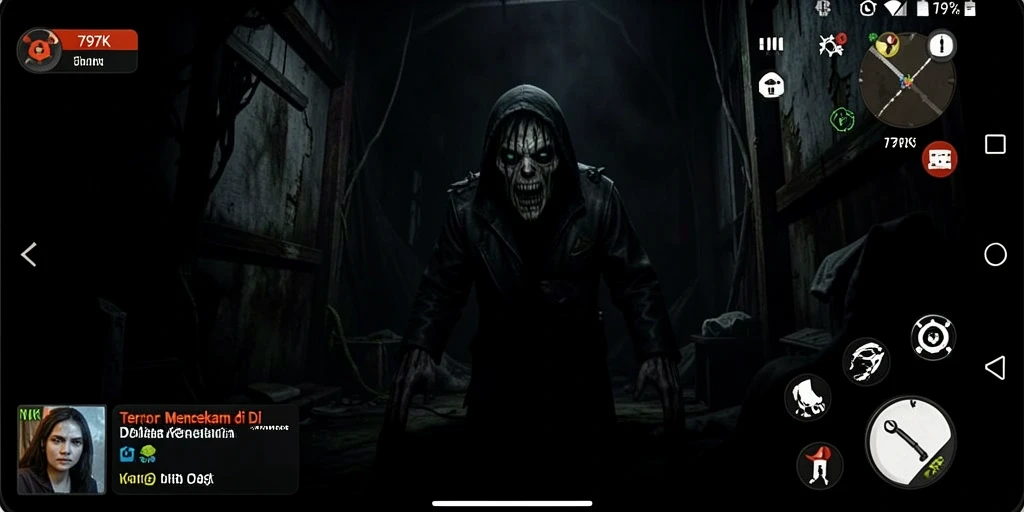 Screenshot gameplay 797K menampilkan suasana horor yang mencekam.