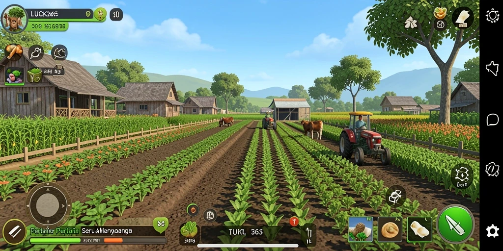 Tampilan gameplay LUCK365 saat bertani di ladang yang subur.