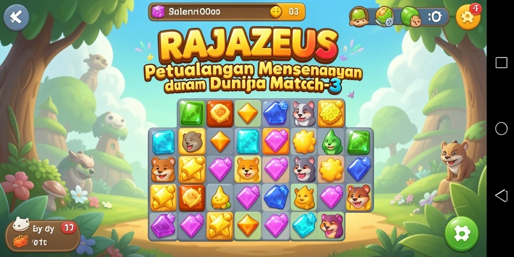 Tangkapan layar <strong>RAJAZEUS</strong> menampilkan gameplay seru dengan kombinasi permata berwarna.
