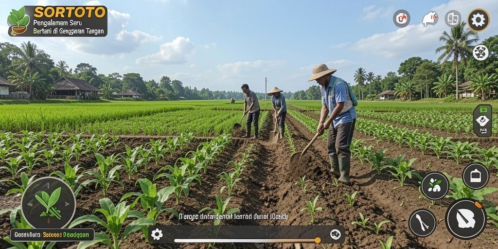 Screenshot gameplay SORTOTO menampilkan ladang yang subur dan hewan ternak yang bahagia.